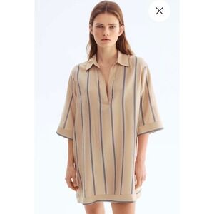 H&M Loose-Fit Tunic Dress Beige Striped V-Neck Kaftan Mini Dress